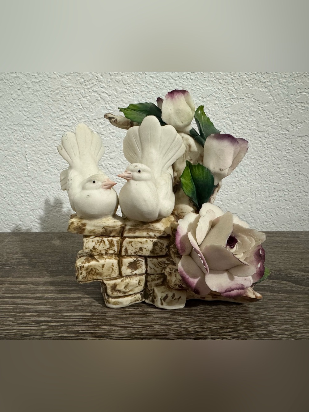 Vintage Capodimonte Porcelain Dove Pair on Floral Rose Accent